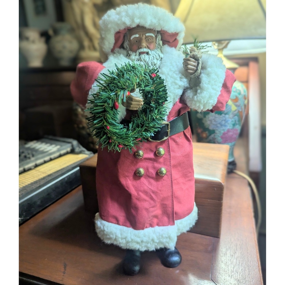 Vintage 80s Russ Berrie Black Santa Claus Figurine Red Fabric Coat Wreath 9738